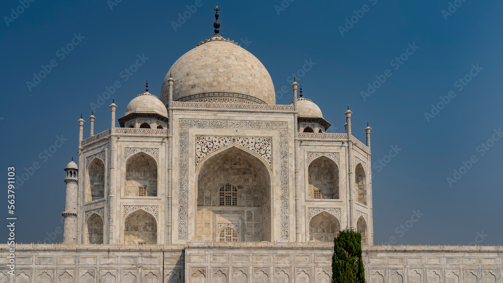 A beautiful unique mausoleum of the Taj Mahal made of white marble. Domes and towers against the blue sky. The walls are decorated with carvings, inlays of precious stones.  India. Agra