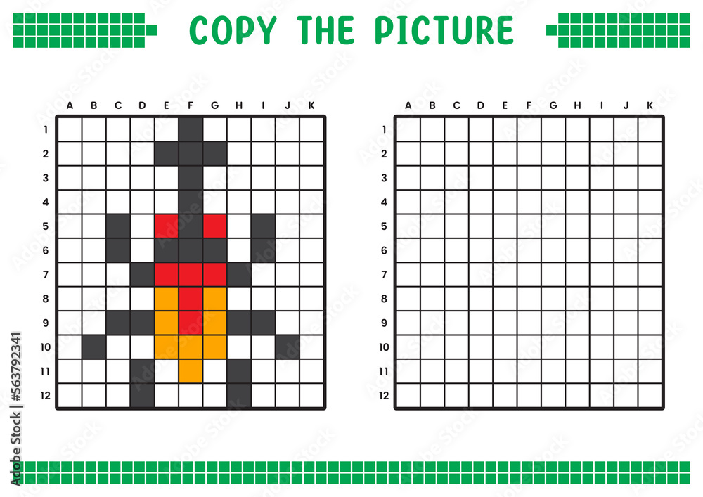 Fototapeta premium Copy the picture, complete the grid image. Educational worksheets drawing with squares, coloring cell areas. Children's preschool activities. Cartoon vector, pixel art. Horned beetle illustration.