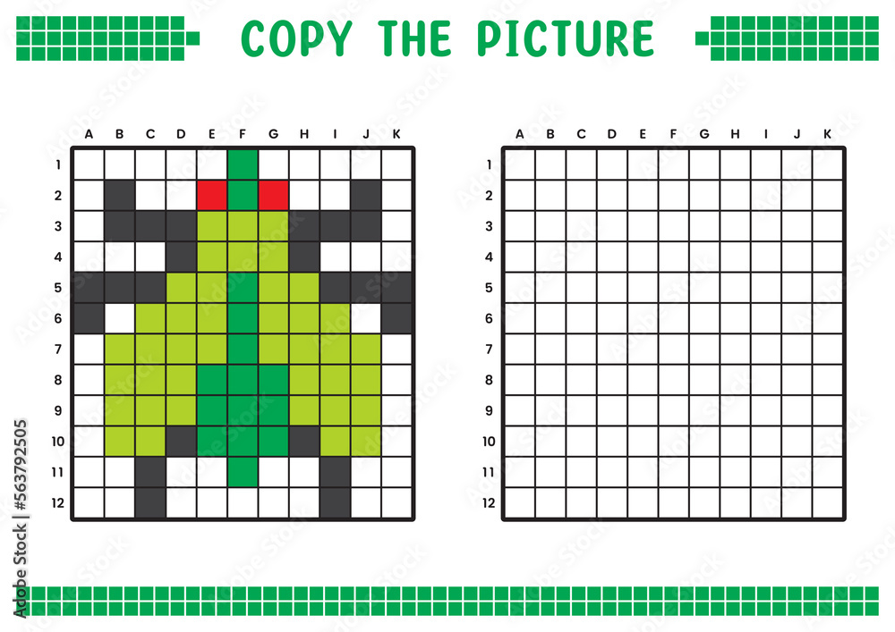 Fototapeta premium Copy the picture, complete the grid image. Educational worksheets drawing with squares, coloring cell areas. Children's preschool activities. Cartoon vector, pixel art. Green fly illustration.
