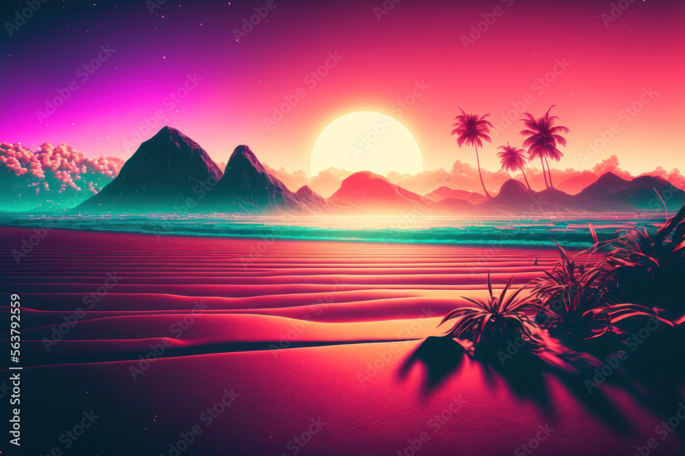 Silhouette palm tree with sun sand and beach retro tone color background. Summer vacation concept.