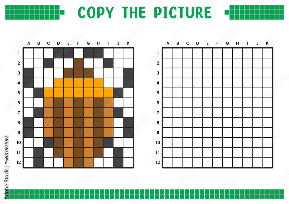 Fototapeta premium Copy the picture, complete the grid image. Educational worksheets drawing with squares, coloring cell areas. Children's preschool activities. Cartoon vector, pixel art. Brown ladybug illustration.