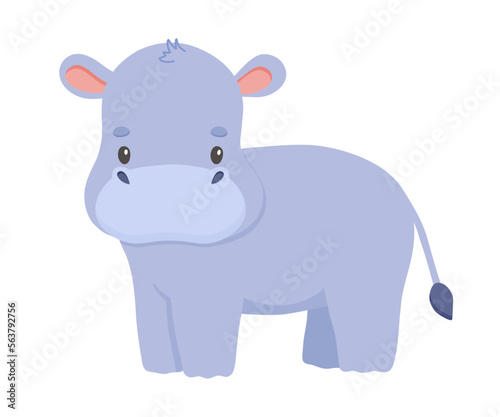 Cute hippopotamus in cartoon style. Drawing african baby hippo isolated on white background. Vector sweet illustration for kids poster and card. Jungle animal