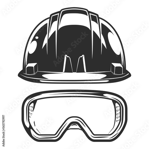 Business builder hard hat with safety glasses from new construction and remodeling house in vintage monohrome style illustration
