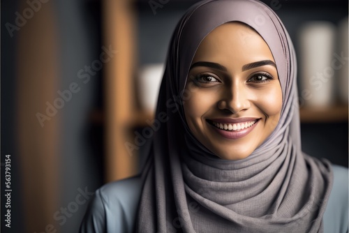Smiling young college female student wearing a hijab looking at the camera. generative AI