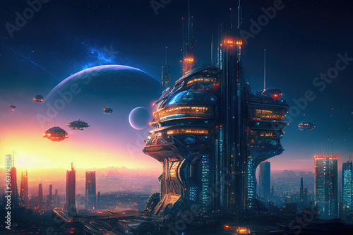 Night View of the Future City of Imagination. Generative Ai