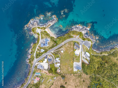 Aerial drone bird's eye view of Stirling Point, a landmark at the southern end of Bluff, a town in the Southland region of New Zealand's South Island and the southernmost town in mainland New Zealand. photo