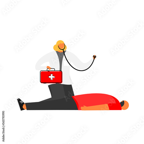 Cartoon characters of doctor in Out of hospital patients life support by emergency medical services.