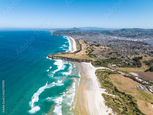 Obraz na płótnie High angle aerial drone view of Tomahawk Beach, Lawyers Head (and beach), Saint Kilda Beach and Saint Clair Beach (front to back)in Dunedin, the second-largest city in the South Island of New Zealand