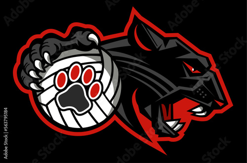 panther mascot holding volleyball for school, college or league sports