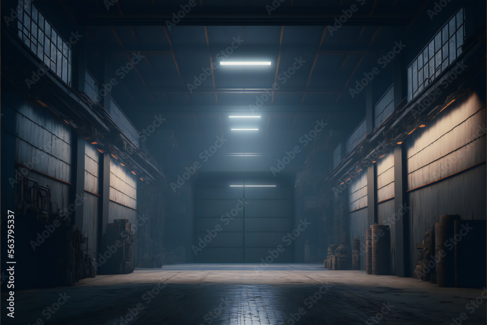 Obraz premium Futuristic underground tunnel led neon lights warehouse Generative Artificial Intelligence Render
