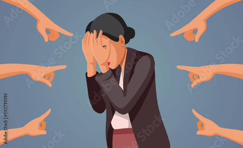 People Pointing to an Unhappy Businesswoman Crying Vector Concept Illustration. Unhappy female manager being accused and blamed 
