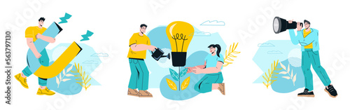 Business, finance and marketing banners set with business people characters, flat vector illustration isolated on white background. SMM marketing and investment bundle.