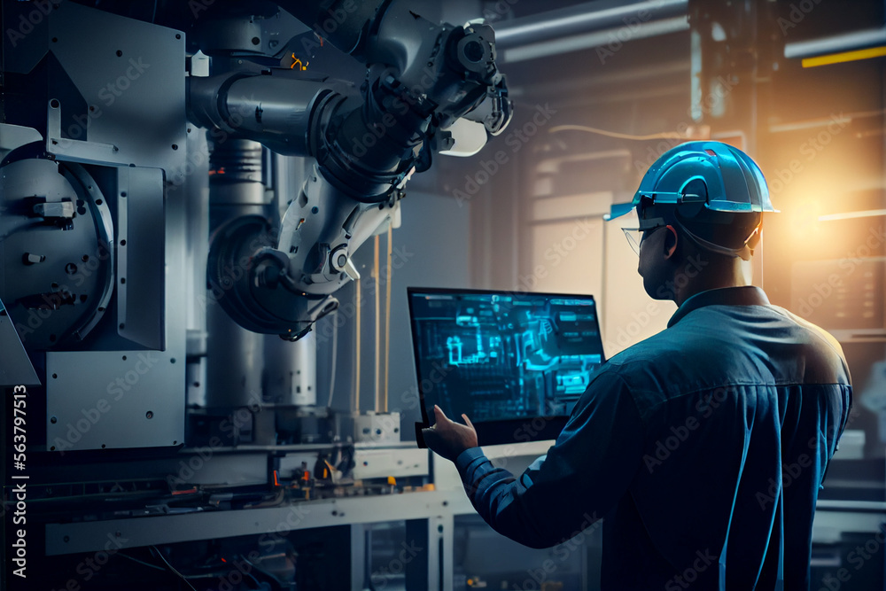 Industry 4.0 Robot concept .Engineers use tablet computer for machine ...