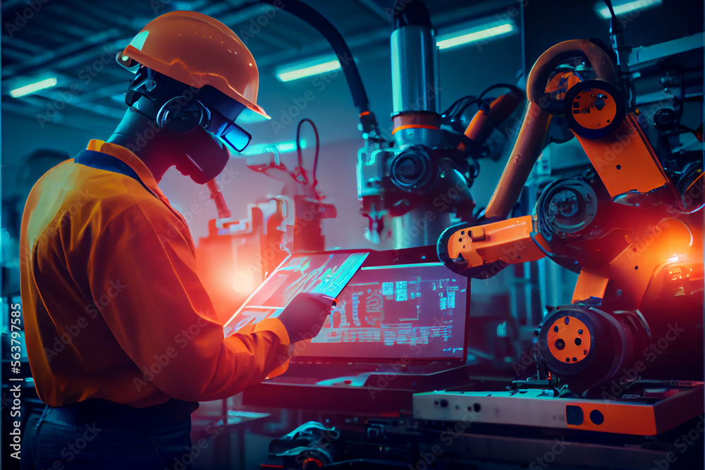 Industry 4.0 Robot concept .Engineers use tablet computer for machine ...