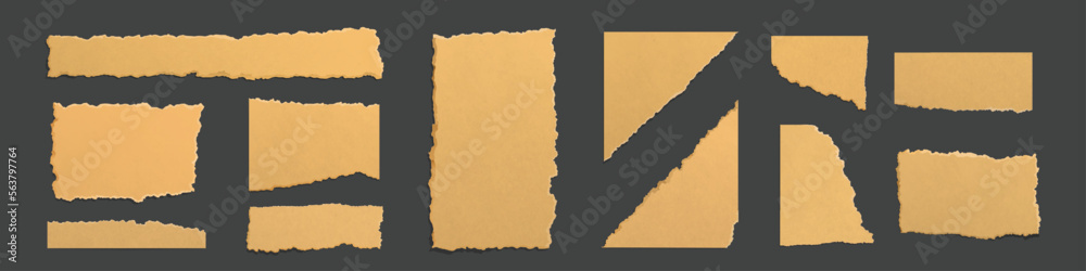 Set of ripped paper or cardboard pieces isolated on black background. Realistic vector illustration of torn blank pages with uneven edges. List or reminder note template. Scrap carton for recycling
