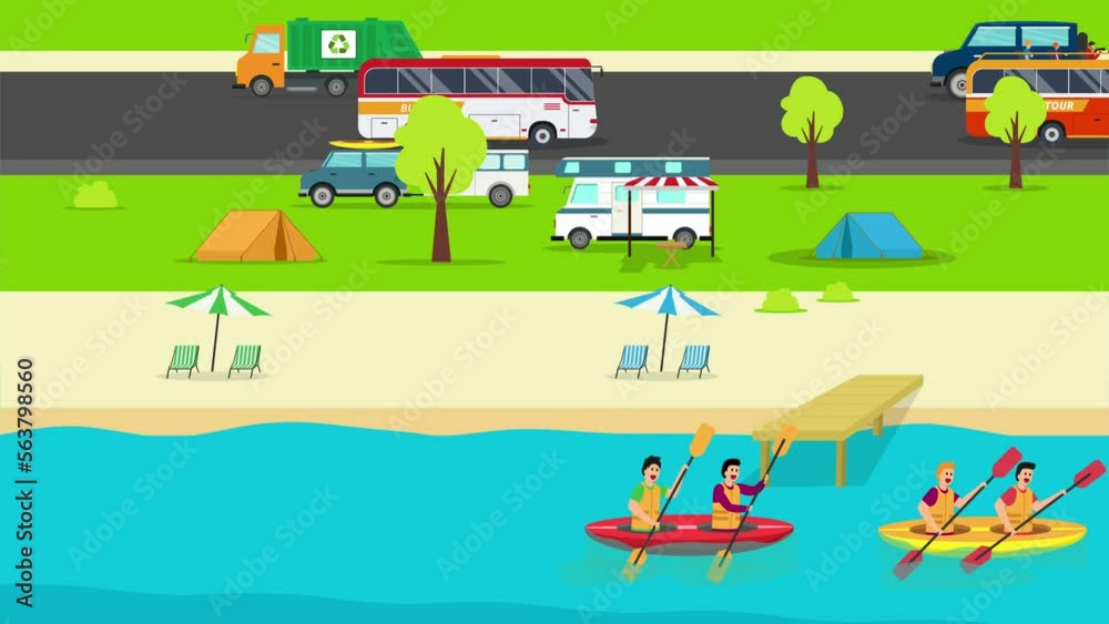 Camper van park next to a river with people rowing 2d animation in 4K UHD 3840x2160 Camper van park next to a river with people rowing 2d animation in 4K UHD 3840x2160