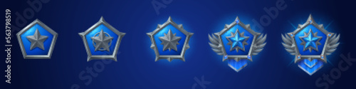 Cartoon set of game badges of different rank isolated on dark blue background. Vector illustration of blue pentagon medals with star, silver metal textures. Collection of level award