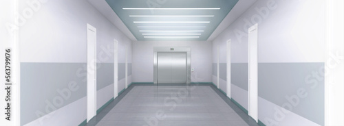 Metal elevator doors in office, hospital, hotel or house hallway. Empty modern building corridor with closed doors and steel lift gates, vector realistic illustration