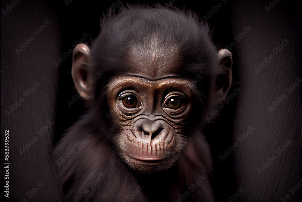 Portrait of a baby bonobo monkey on a black background. generative ai