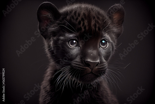 Portrait of a black baby panther on a black background. generative ai