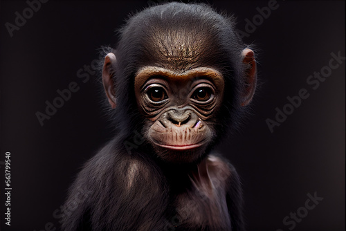 Portrait of a baby bonobo monkey on a black background. generative ai © Julian