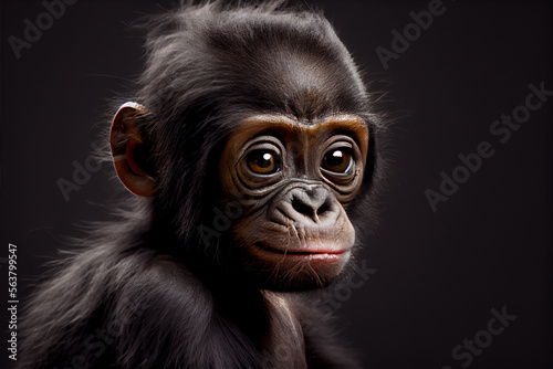 Portrait of a baby bonobo monkey on a black background. generative ai