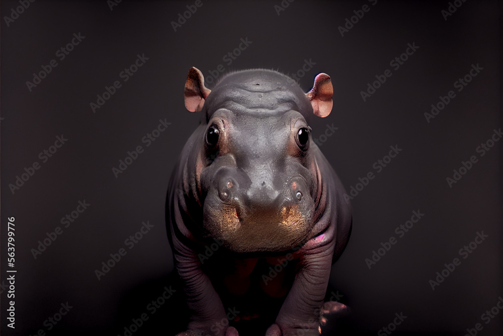 Portrait of a baby hippo on a black background. generative ai