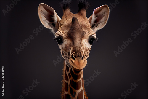 Portrait of a baby giraffe on a black background. generative ai