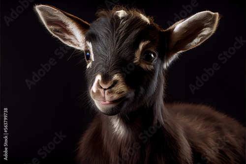 Portrait of a baby goat on a black background. generative ai
