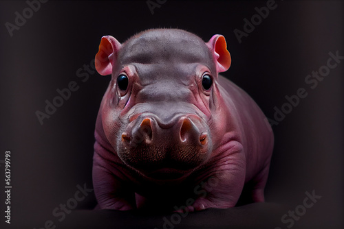 Portrait of a baby hippo on a black background. generative ai