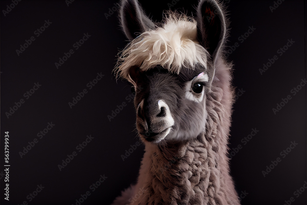 Portrait of a baby llama on a black background. generative ai