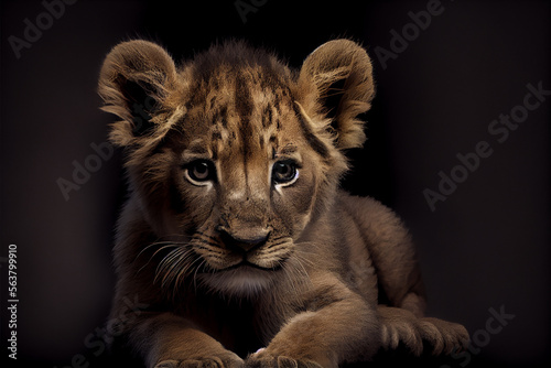 Portrait of a baby lion on a black background. generative ai