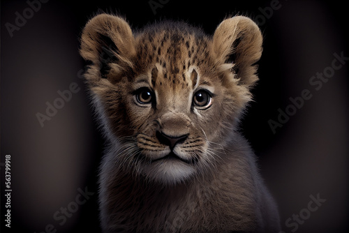 Portrait of a baby lion on a black background. generative ai