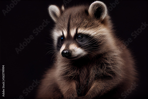 Portrait of a baby racoon on a black background. generative ai © Julian
