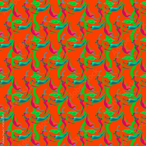 Pepper seamless pattern. Red and green peppers on orange. Vector.