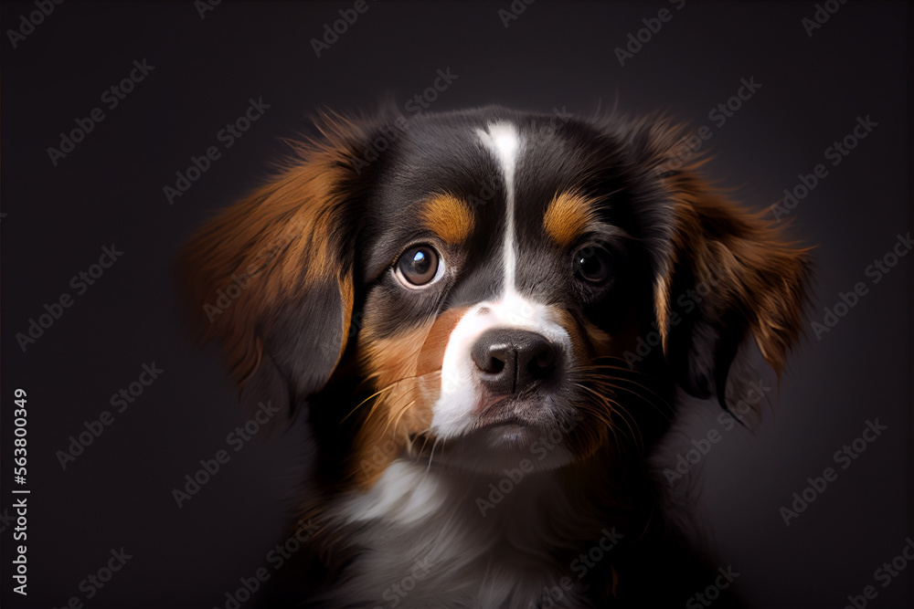 Portrait of a puppy dog on a black background. generative ai