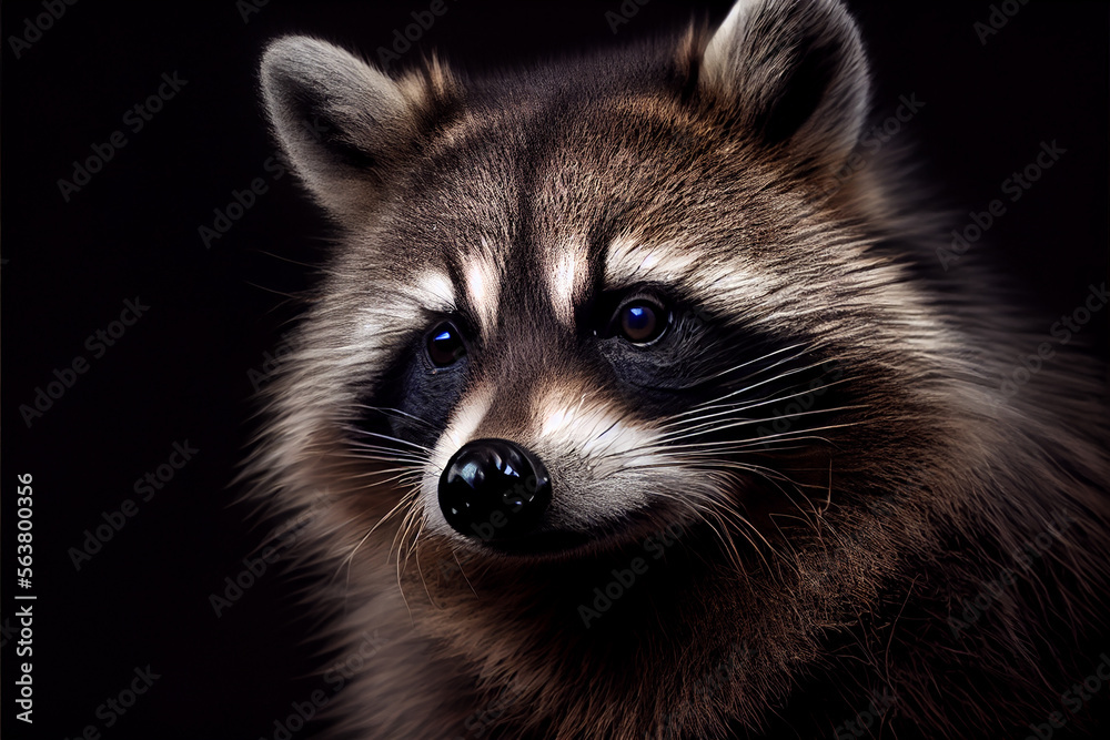 Portrait of a racoon on a black background. generative ai