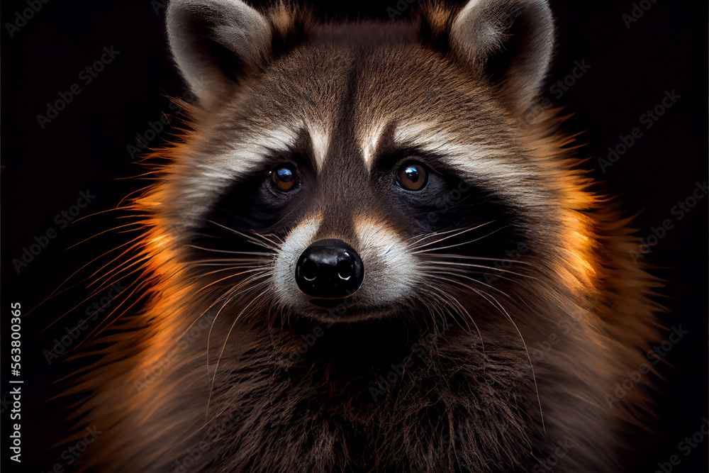 Portrait of a racoon on a black background. generative ai