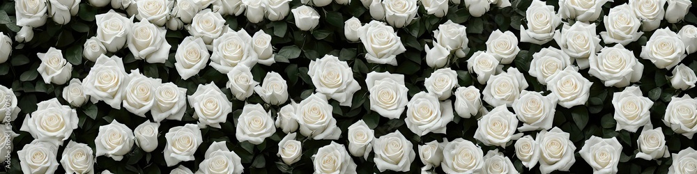 Gorgeous white roses - panoramic illustration of white rose flowers. Showing pretty petals, these fragile plants are eye-appealing and beloved. Made by generative AI