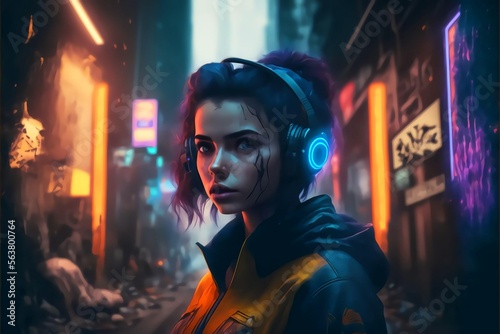 Cyberpunk girl headphones apocalyptic city lights neon street 