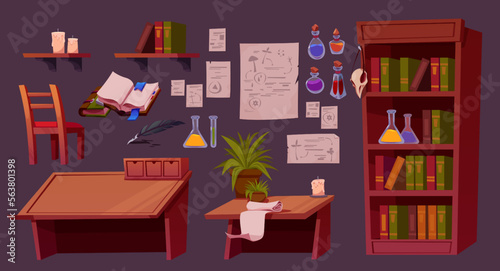 Cartoon set of furniture for alchemist room interior design. Vector illustration of wooden desk, chair, shelf with glass potion bottles and flasks, old books, ancient posters, potted plant and candle