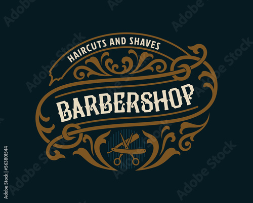 Barbershop vintage Luxury frame Logo Badge with flourish Victorian Ornament
