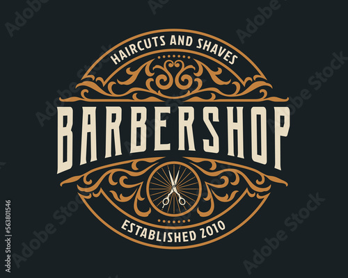 Barbershop vintage Luxury frame Logo Badge with flourish Victorian Ornament
