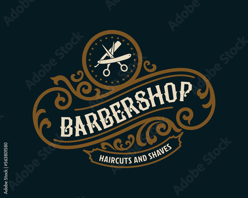 Barbershop vintage Luxury frame Logo Badge with flourish Victorian Ornament

