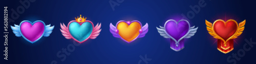 Cartoon set of heart rank badges isolated on dark blue background. Vector illustration of colorful game level rewards or fantasy avatar frames decorated with gemstones, royal crown and angel wings