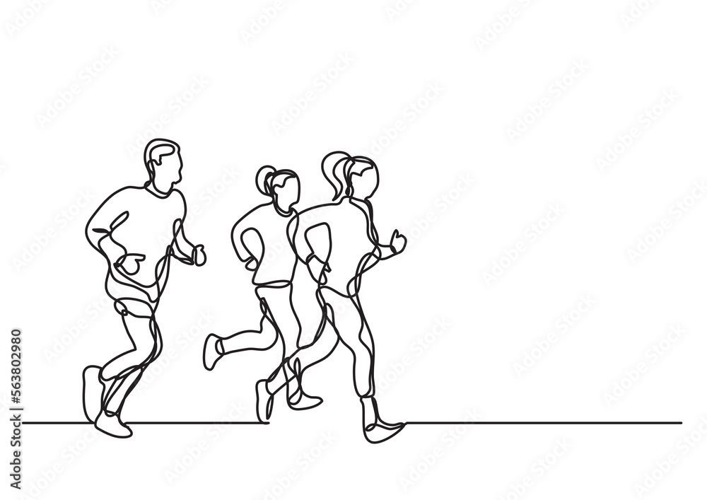 continuous line drawing vector illustration with FULLY EDITABLE STROKE of three runners