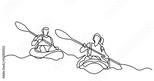continuous line drawing vector illustration with FULLY EDITABLE STROKE of of happy couple kayaking on lake