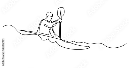 continuous line drawing vector illustration with FULLY EDITABLE STROKE of of kayaker doing extreme rafting on rough river waters
