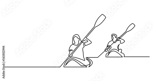 continuous line drawing vector illustration with FULLY EDITABLE STROKE of of man and woman exercising kayaking on beautiful lake waters