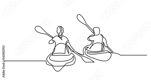 continuous line drawing vector illustration with FULLY EDITABLE STROKE of of man and woman kayaking on beautiful lake waters
